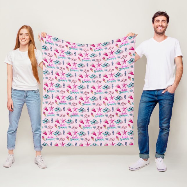 Girly Summer Beach Watercolor Pink Pattern Fleece Blanket (In Situ)