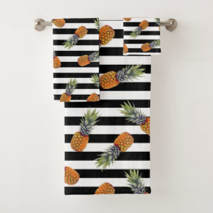 Girly Summer Pineapple Pattern Black Striped Bath Towel Set