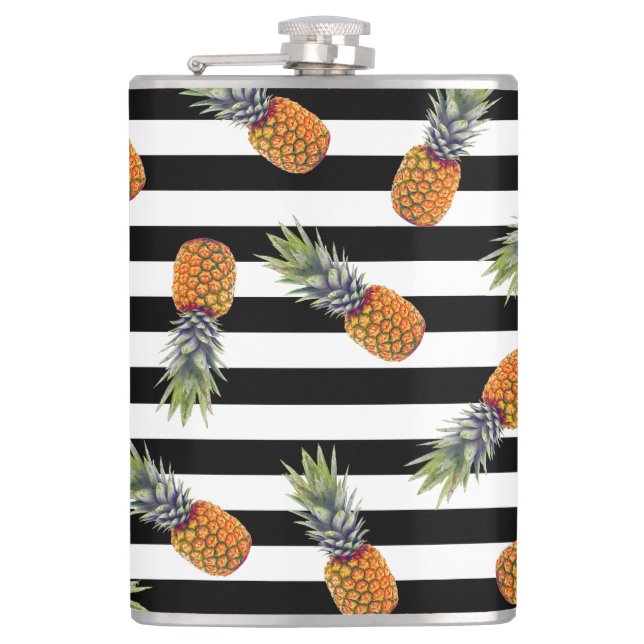 Girly Summer Pineapple Pattern | Black Striped Hip Flask (Front)