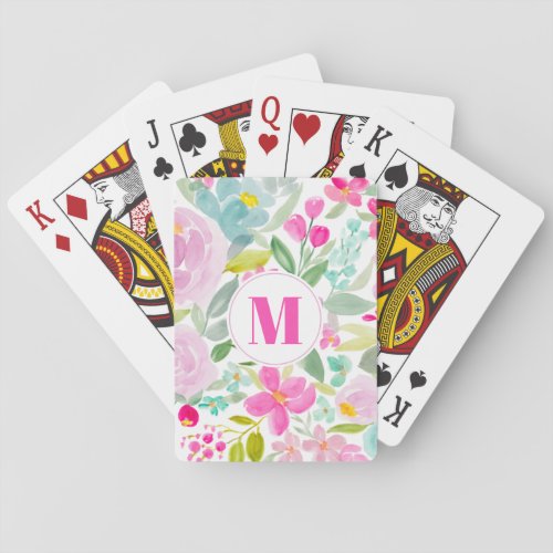 Girly summer pink floral watercolor monogram poker cards
