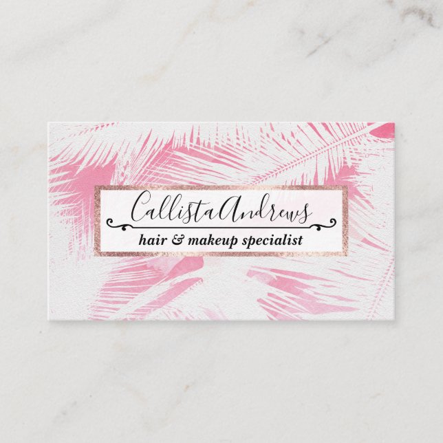 Girly Summer Pink White Tropical Palm Tree Fronds Business Card (Front)