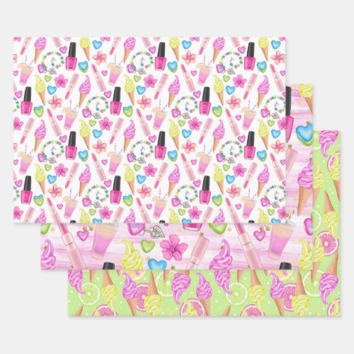 Girly Summertime Ice Cream Lipstick Pink Lime Wrapping Paper Sheets