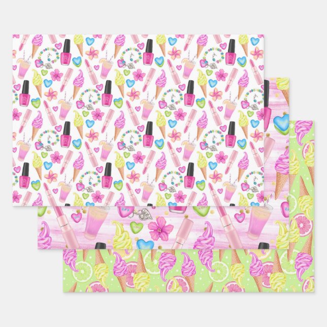 Girly Summertime Ice Cream Lipstick Pink Lime Wrapping Paper Sheets (Set)