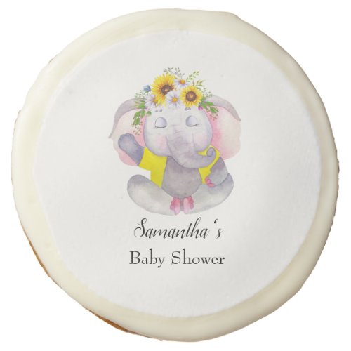 Girly Sunflower Baby Elephant Baby Shower  Sugar Cookie