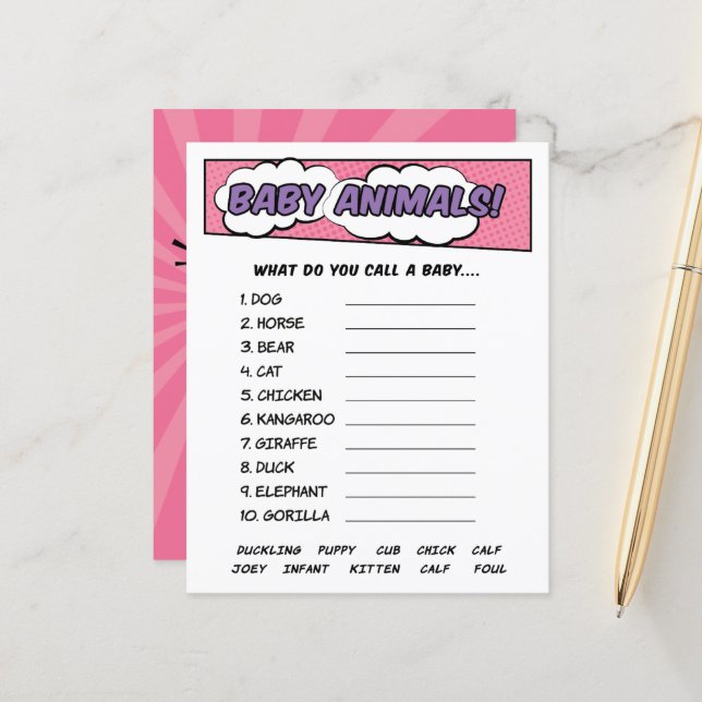Girly Superhero Comic Baby Shower Animals Game (Front/Back In Situ)