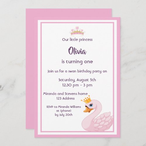 Girly swan 1st birthday party invitation card