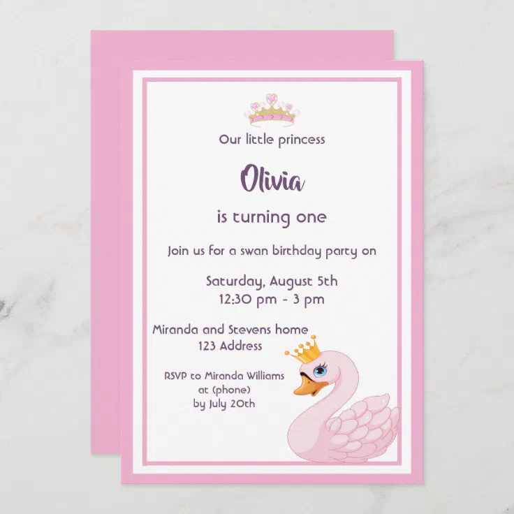 Girly swan 1st birthday party invitation card | Zazzle