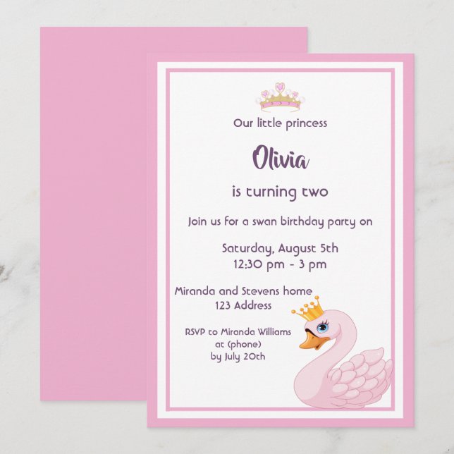 Girly swan 2nd birthday party invitation card (Front/Back)
