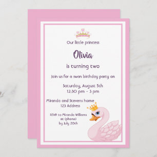 Girly swan 2nd birthday party invitation card