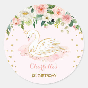 Girly Swan Princess Blush Pink Gold Floral Favors Classic Round Sticker