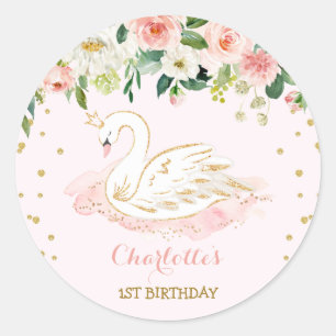 Girly Swan Princess Blush Pink Gold Floral Favors Classic Round Sticker
