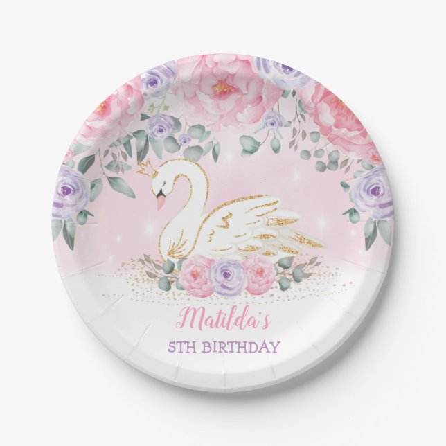 Girly Swan Princess Pink Purple Birthday Party Paper Plates (Front)