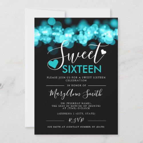 Girly Sweet 16 Birthday Party Teal Lights Invitation