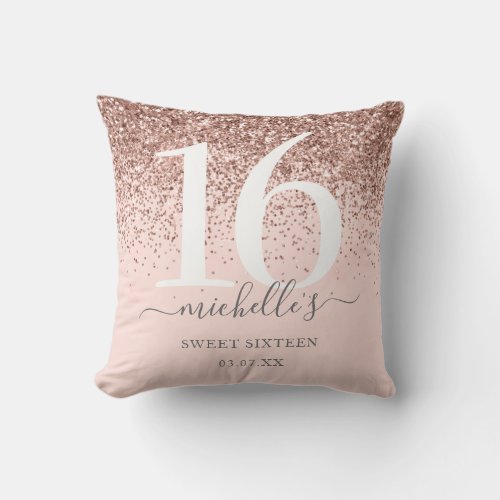 Girly Sweet 16 Glitter Rose Gold Blush Pink Name Throw Pillow