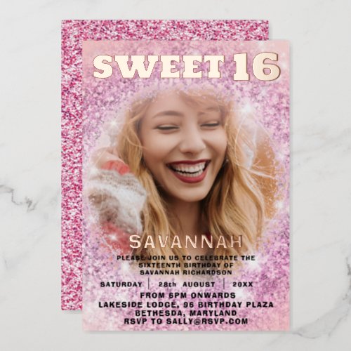 Girly Sweet 16 Rose Gold Calligraphy  Glitter  Foil Invitation