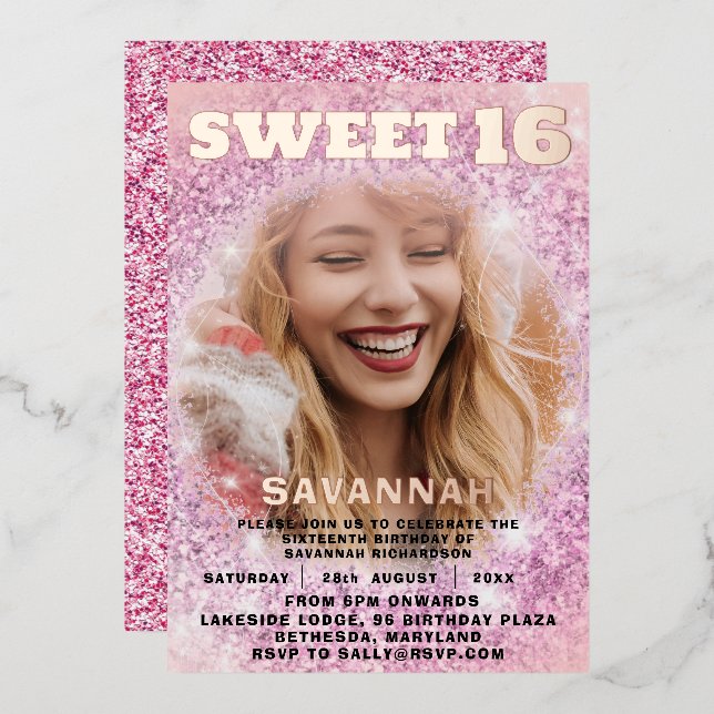 Girly Sweet 16 Rose Gold Calligraphy & Glitter  Foil Invitation (Front/Back)