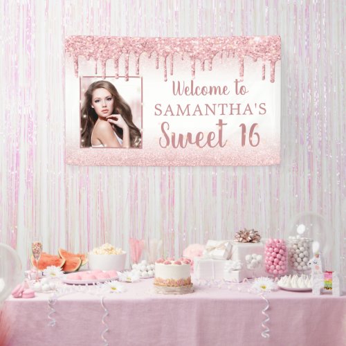 Girly Sweet 16 Rose Gold Glitter Drip Photo Banner