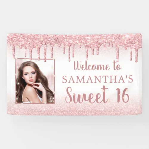 Girly Sweet 16 Rose Gold Glitter Drip Photo Banner