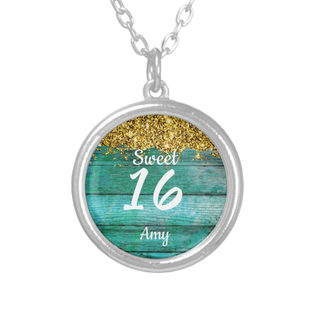 Girly Sweet 16 Turquoise Gold Glitter Name Silver Plated Necklace (Front)