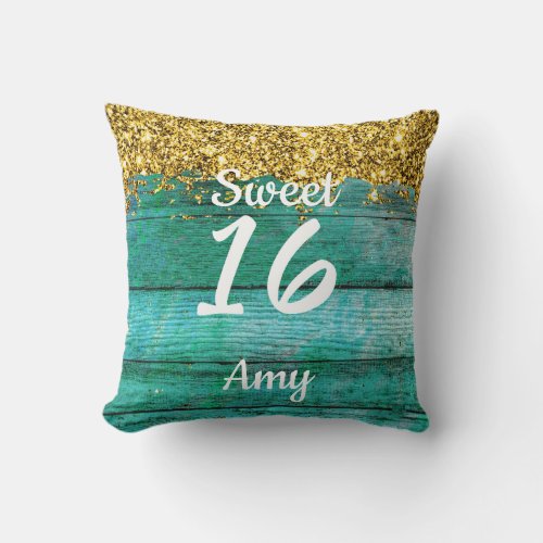 Girly Sweet 16 Turquoise Gold Glitter Name Throw Pillow