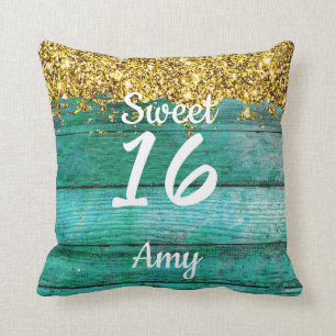 Girly Sweet 16 Turquoise Gold Glitter Name Throw Pillow