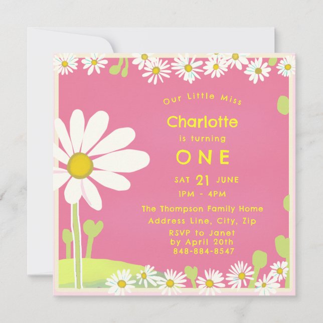 Girly Sweet Daisies Bubblegum Pink Yellow Birthday Invitation (Front)