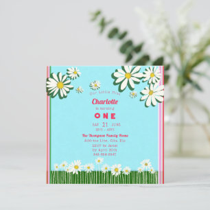 Girly Sweet Daisies Field Pink Green Teal Birthday Invitation