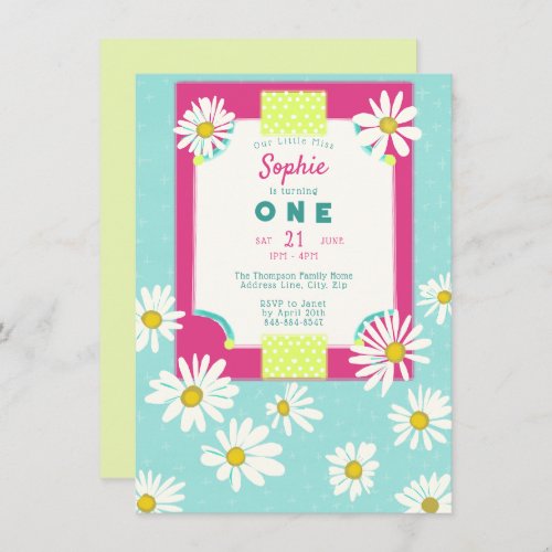 Girly Sweet Daisies Frame Our Little Miss One Invitation