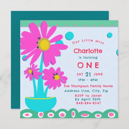 Girly Sweet Daisies Hot Pink Red Teal Birthday Invitation
