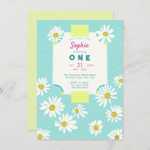 Girly Sweet Daisies Pink Mint Little Miss One Invitation