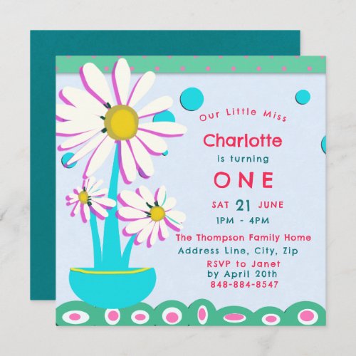 Girly Sweet Daisies Pot Pink Red Teal Birthday Invitation