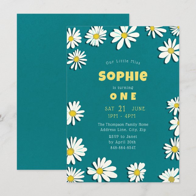 Girly Sweet Daisies Yellow Teal First Birthday  Invitation (Front/Back)