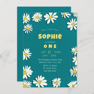 Girly Sweet Daisies Yellow Teal First Birthday Invitation