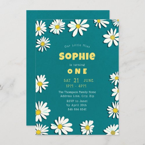 Girly Sweet Daisies Yellow Teal First Birthday  Invitation