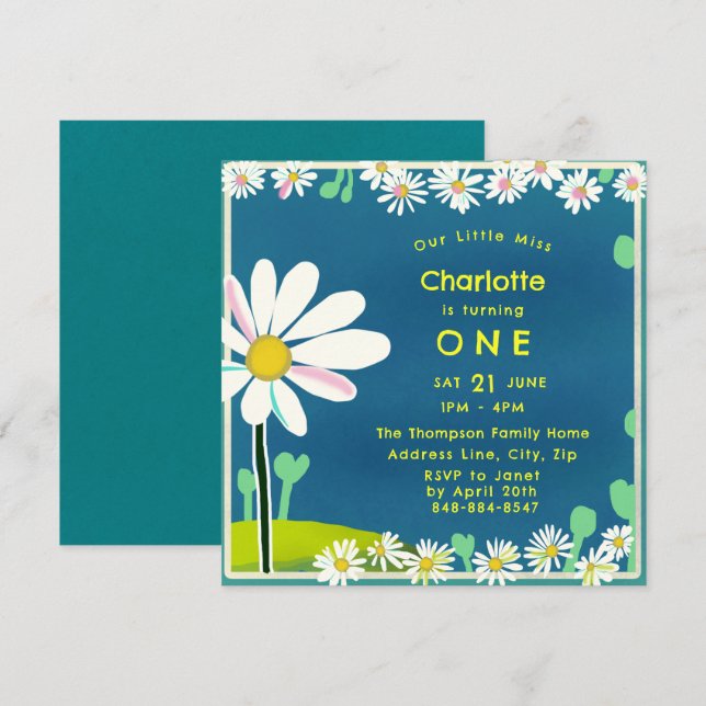 Girly Sweet Daisy Blue Yellow Birthday Invitation (Front/Back)