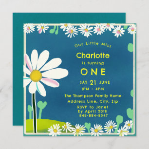 Girly Sweet Daisy Blue Yellow Birthday Invitation