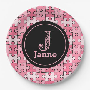 Girly Sweet Pink Black Puzzle Pieces Paper Plates