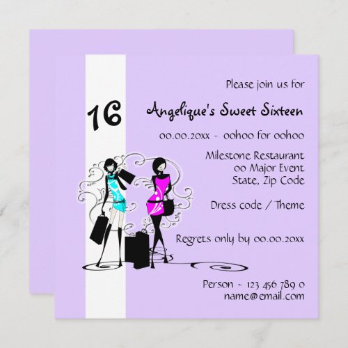 Girly sweet sixteen fashion models  Paris Purple Invitation