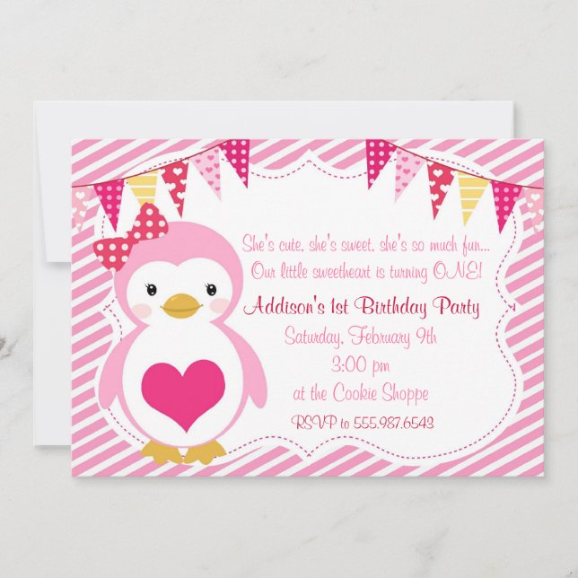 Girly Sweetheart Penguin Valentine Birthday Party Invitation (Front)