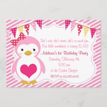 Girly Sweetheart Penguin Valentine Birthday Party Invitation by brookechanel at Zazzle
