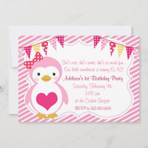 Girly Sweetheart Penguin Valentine Birthday Party Announcement