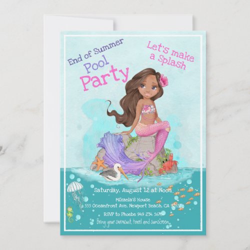 Girly Tan Brown Hair Pink Mermaid Pool Party Invitation