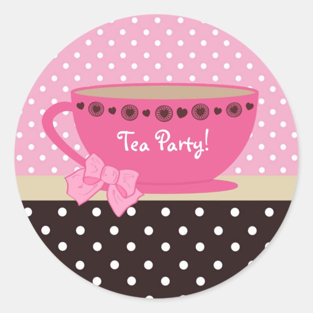 Girly Tea Party Pink And Brown Polka Dots Classic Round Sticker (Front)