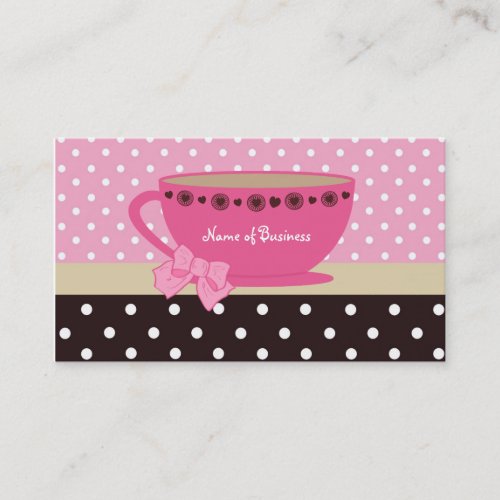 Girly Tea Shop Pink And Brown Polka Dots Teacup Business Card