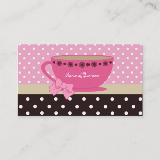 Customizable Girly Tea Shop Pink And Brown Polka Dots Teacup Business Cards