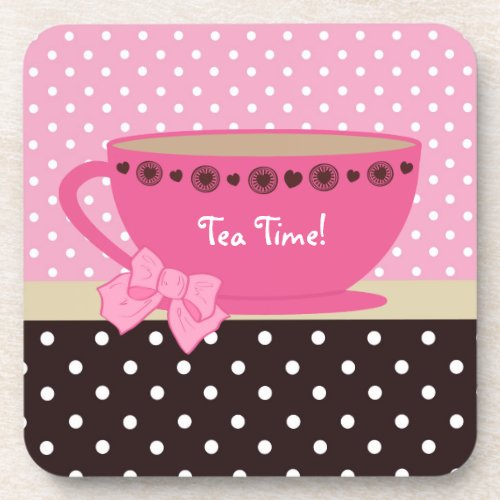 Girly Tea Time Teacup Pink and Brown Polka Dot Bow Drink Coaster