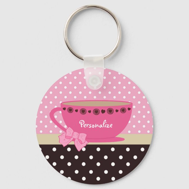 Girly Teacup Pink and Brown Polka Dot Bow and Name Keychain (Front)