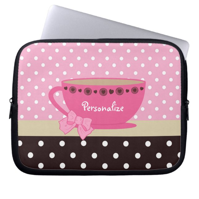 Girly Teacup Pink and Brown Polka Dot Bow and Name Laptop Sleeve (Front)