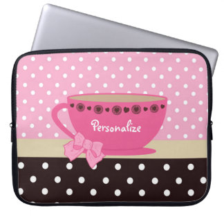 Girly Teacup Pink and Brown Polka Dot Bow and Name Laptop Sleeve