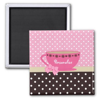 Girly Teacup Pink And Brown Polka Dot Bow And Name Magnet by PhotographyTKDesigns at Zazzle